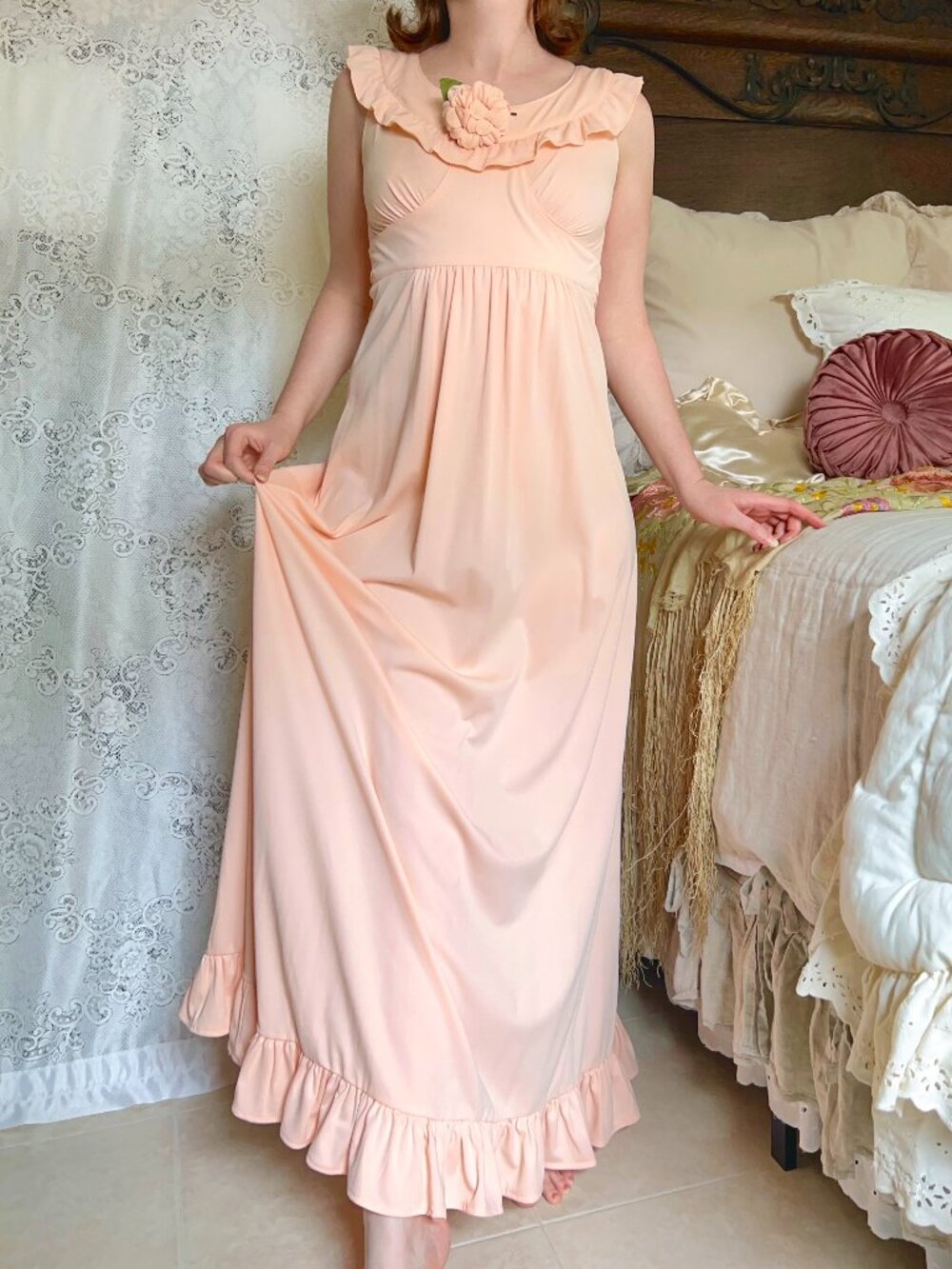 Vintage Peach Maxi Dress, Ruffle Neck Empire Waist, Romantic Bridesmaid Gown - Picture 2 of 9